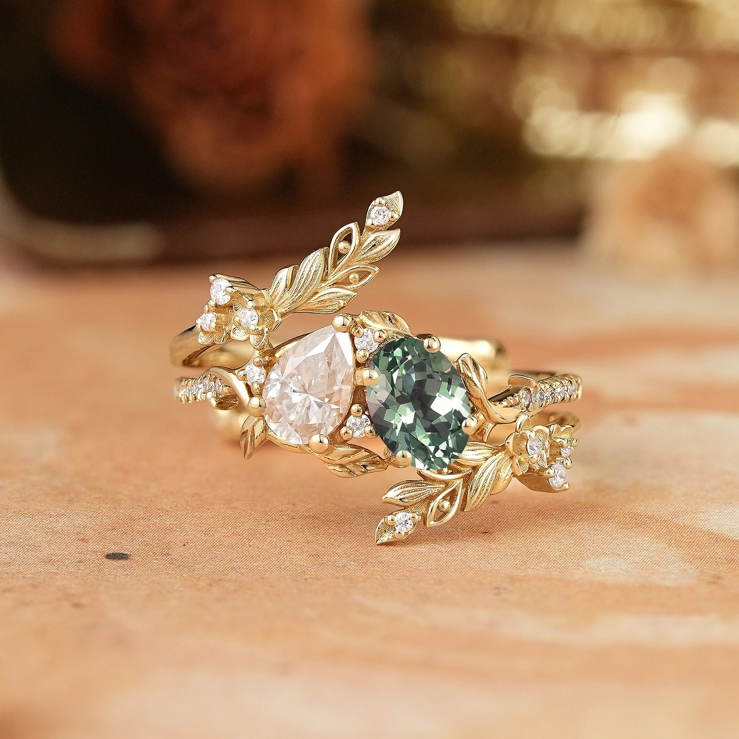 GemsMagic Two - Stone Pear Moissanite and Oval Green Sapphire Toi Et Moi Leaf Bridal Ring Set