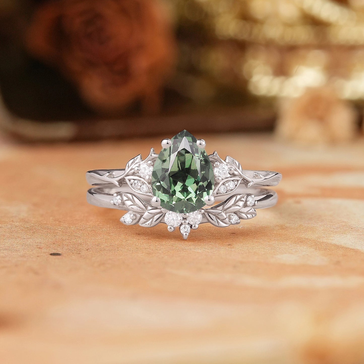 GemsMagic Pear Green Sapphire Leaf Inspired Bridal Ring Set