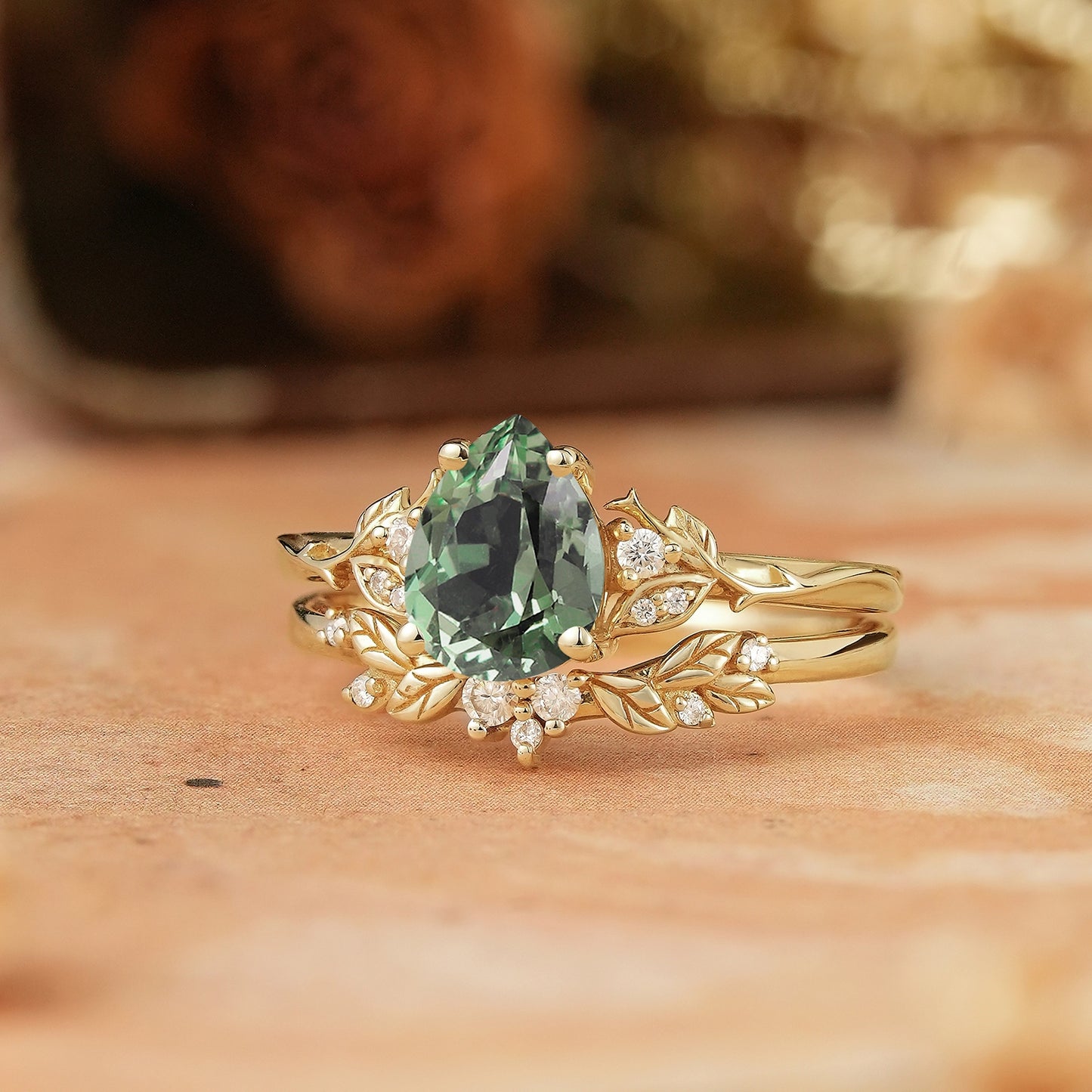 GemsMagic Pear Green Sapphire Leaf Inspired Bridal Ring Set