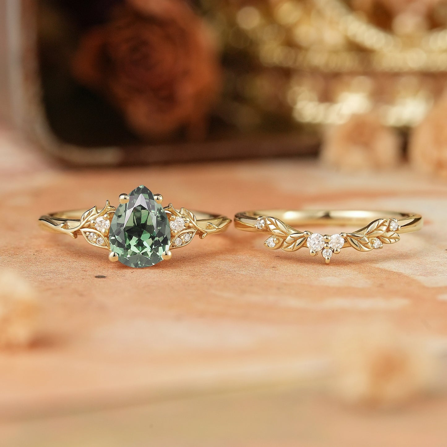 GemsMagic Pear Green Sapphire Leaf Inspired Bridal Ring Set