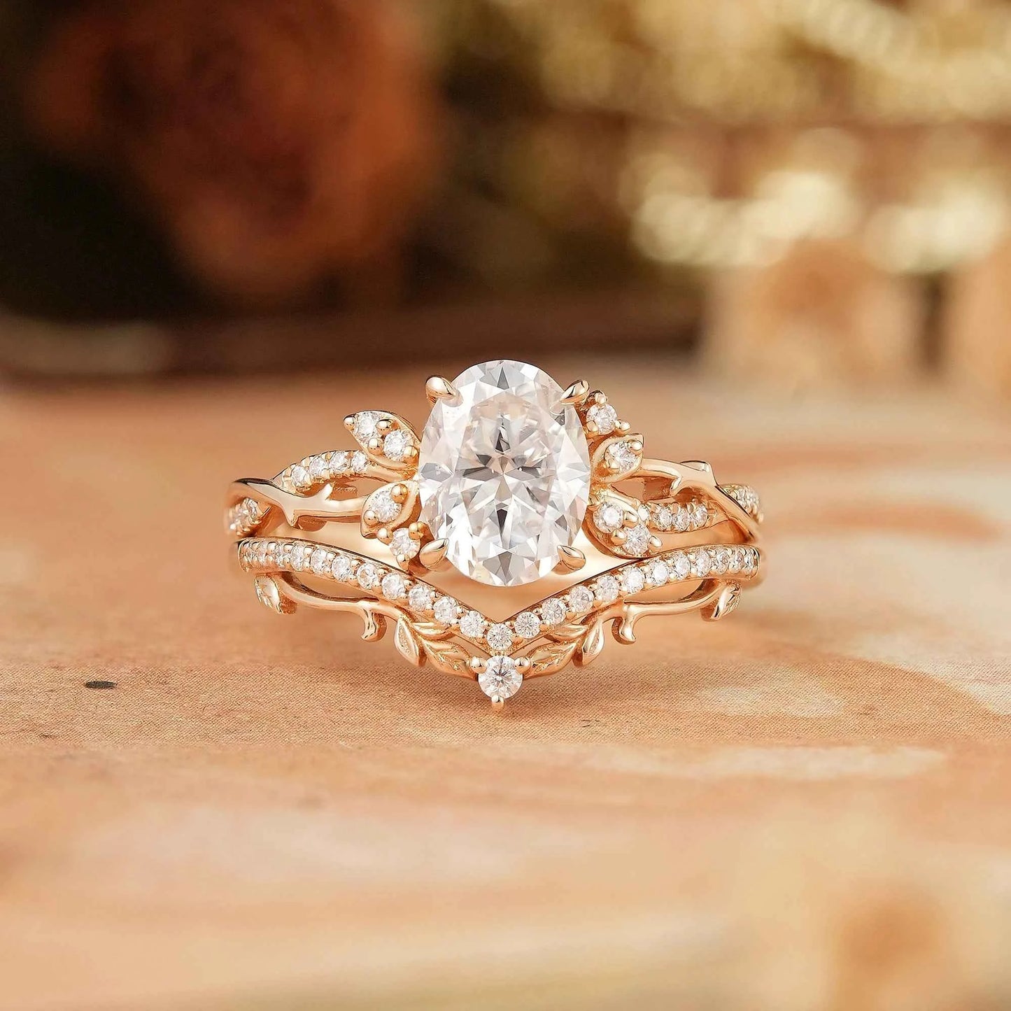 Oval Cut Moissanite Leaf And Vine Inspired Bridal Ring Set