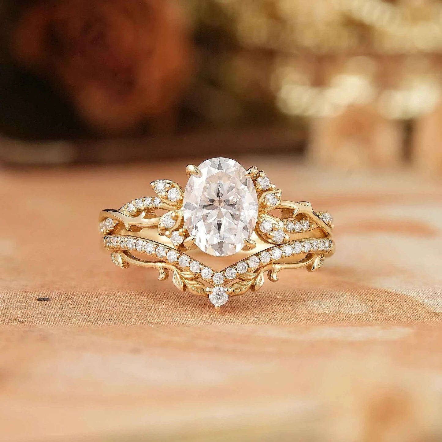 Oval Cut Moissanite Leaf And Vine Inspired Bridal Ring Set