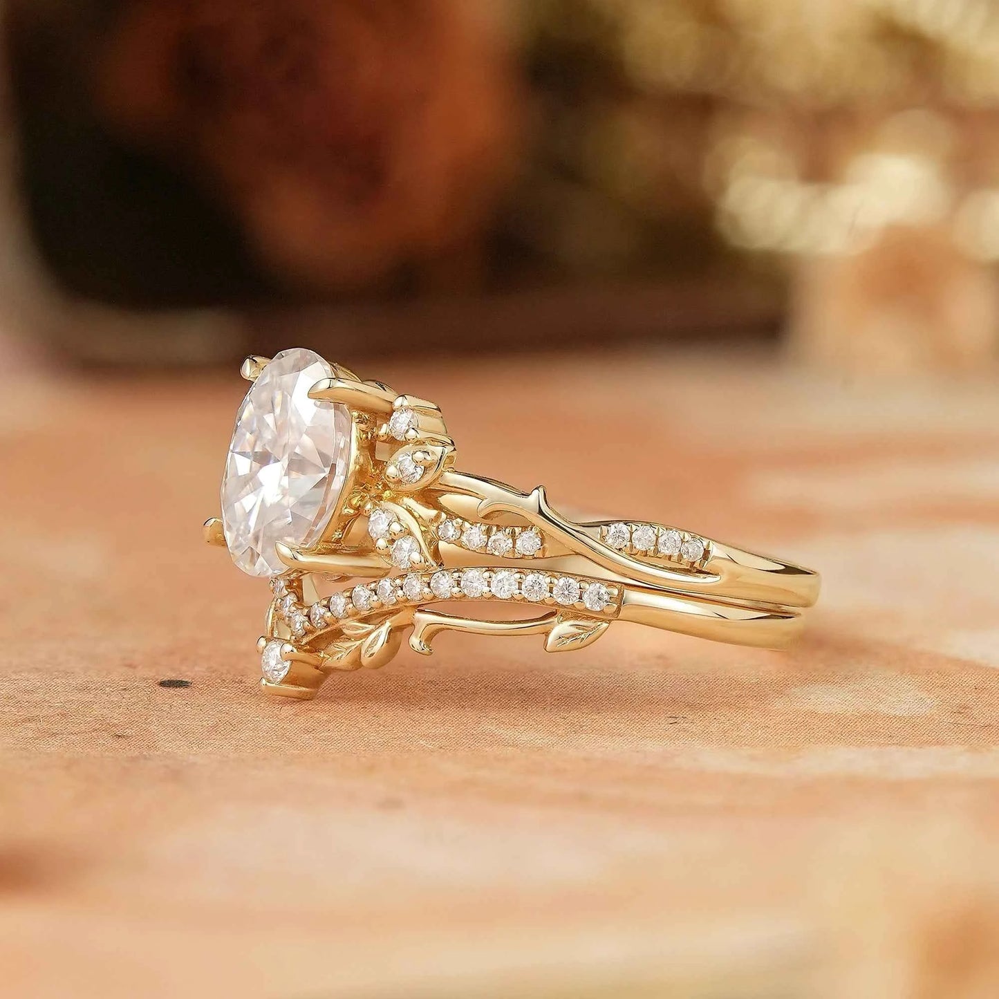 Oval Cut Moissanite Leaf And Vine Inspired Bridal Ring Set