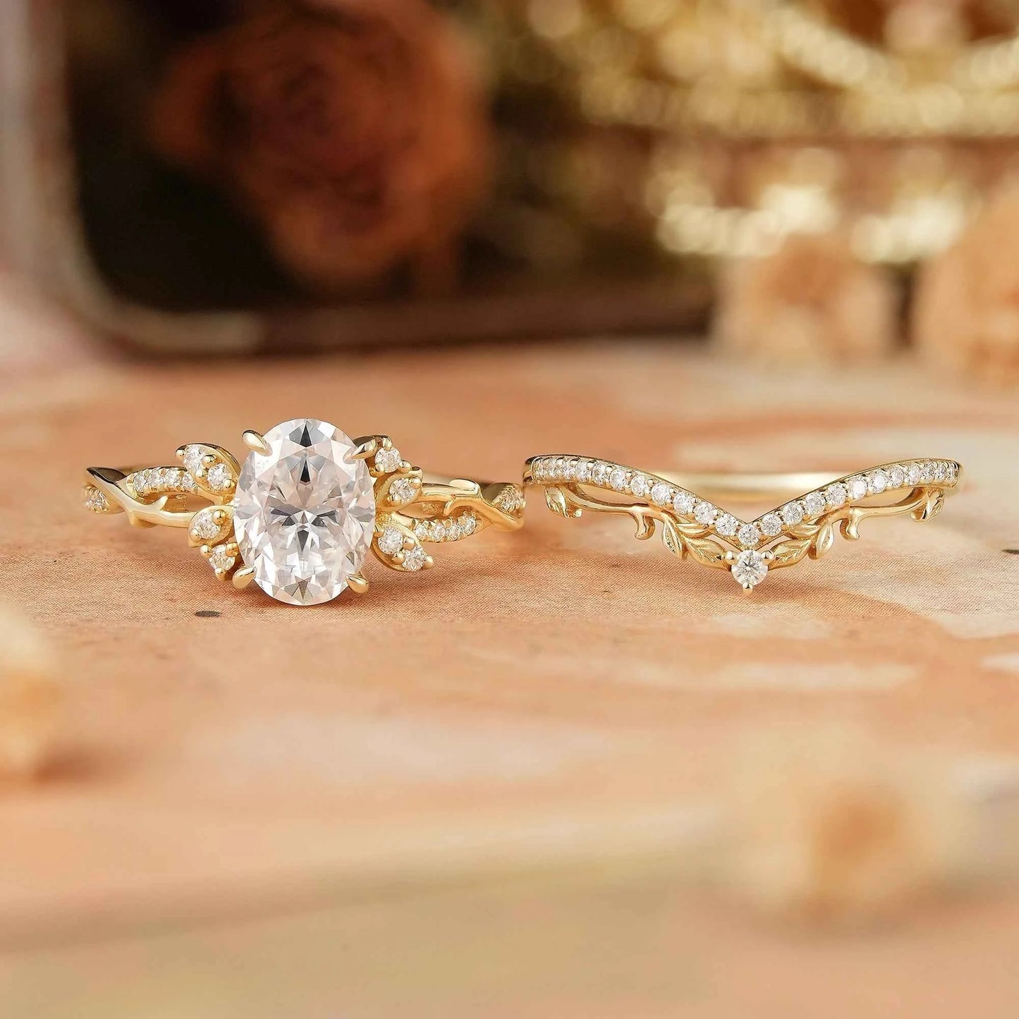 Oval Cut Moissanite Leaf And Vine Inspired Bridal Ring Set