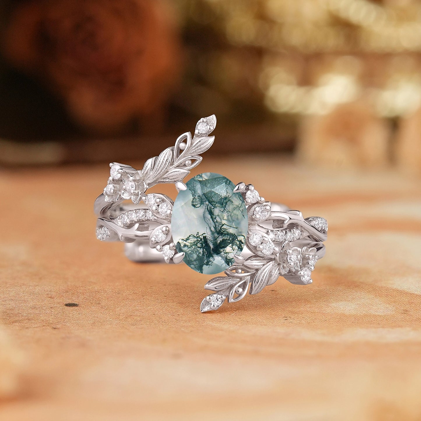 Oval Moss Agate Nature Inspired Enhancer Ring Bridal Set - Arwen