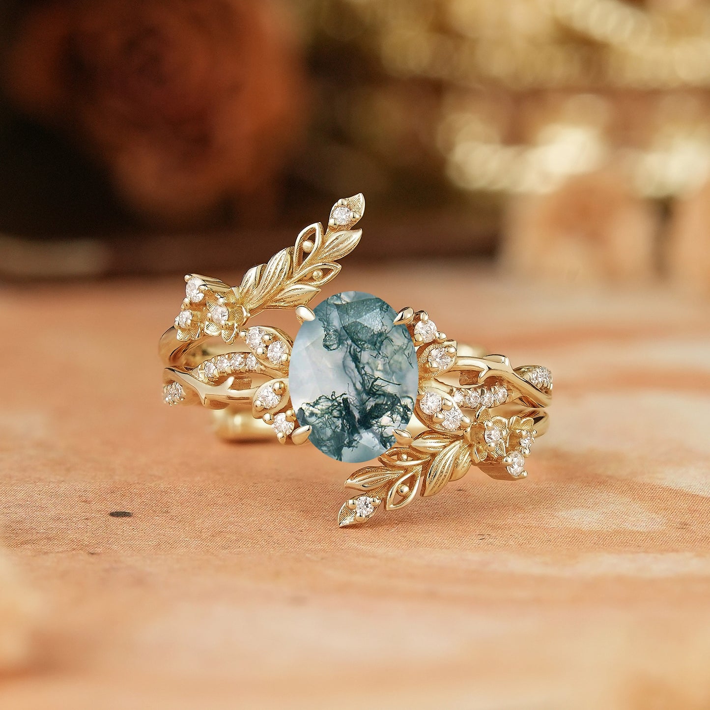 Oval Moss Agate Nature Inspired Enhancer Ring Bridal Set - Arwen