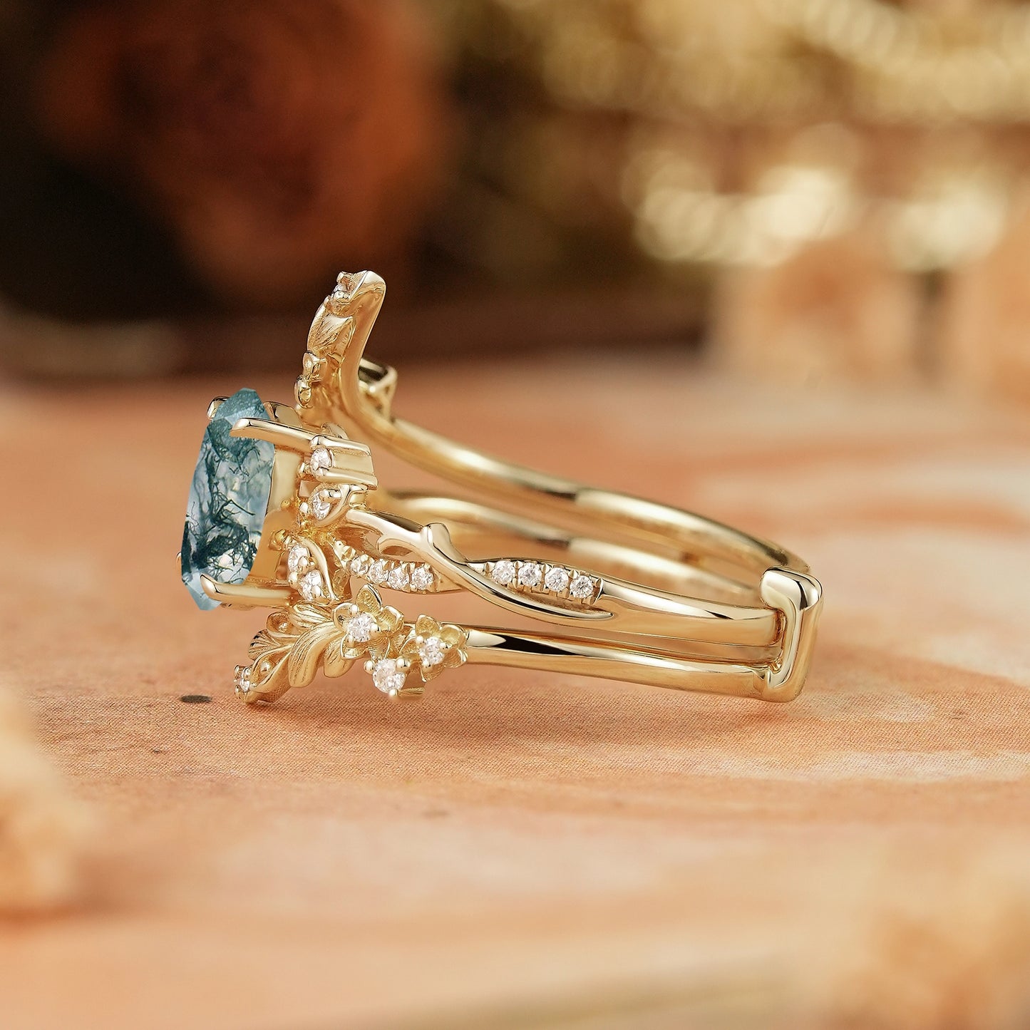 Oval Moss Agate Nature Inspired Enhancer Ring Bridal Set - Arwen