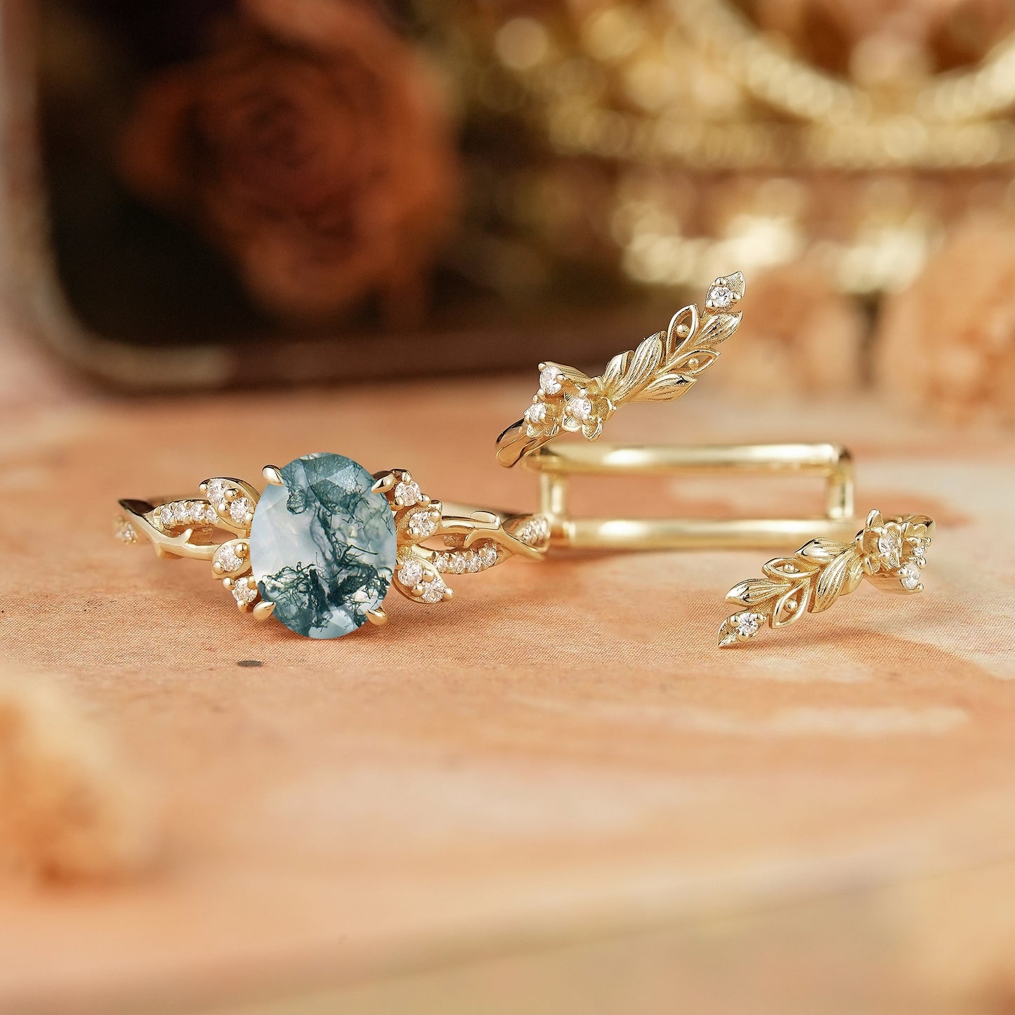 Oval Moss Agate Nature Inspired Enhancer Ring Bridal Set - Arwen