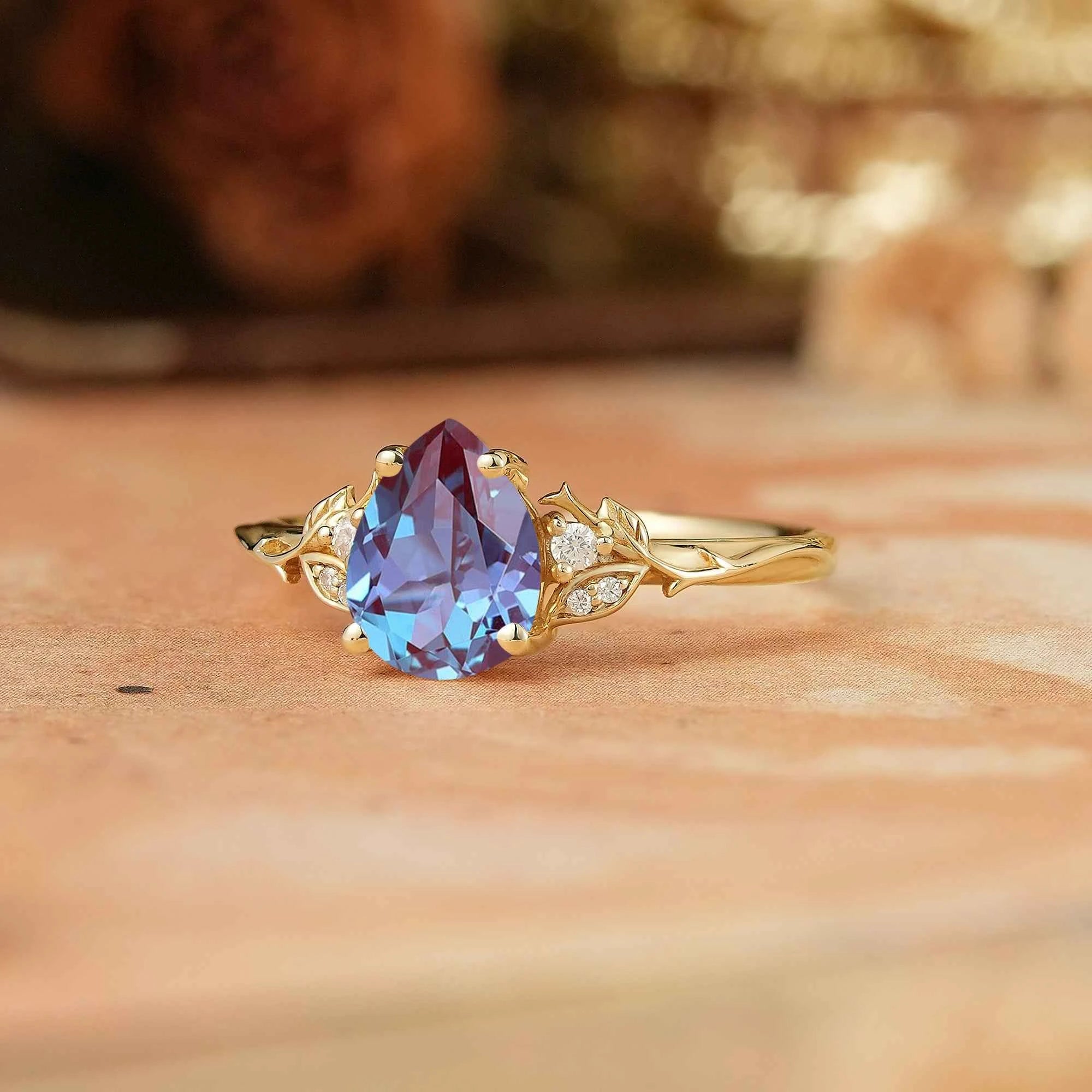 Pear Cut Alexandrite Leaf Inspired Engagement Ring