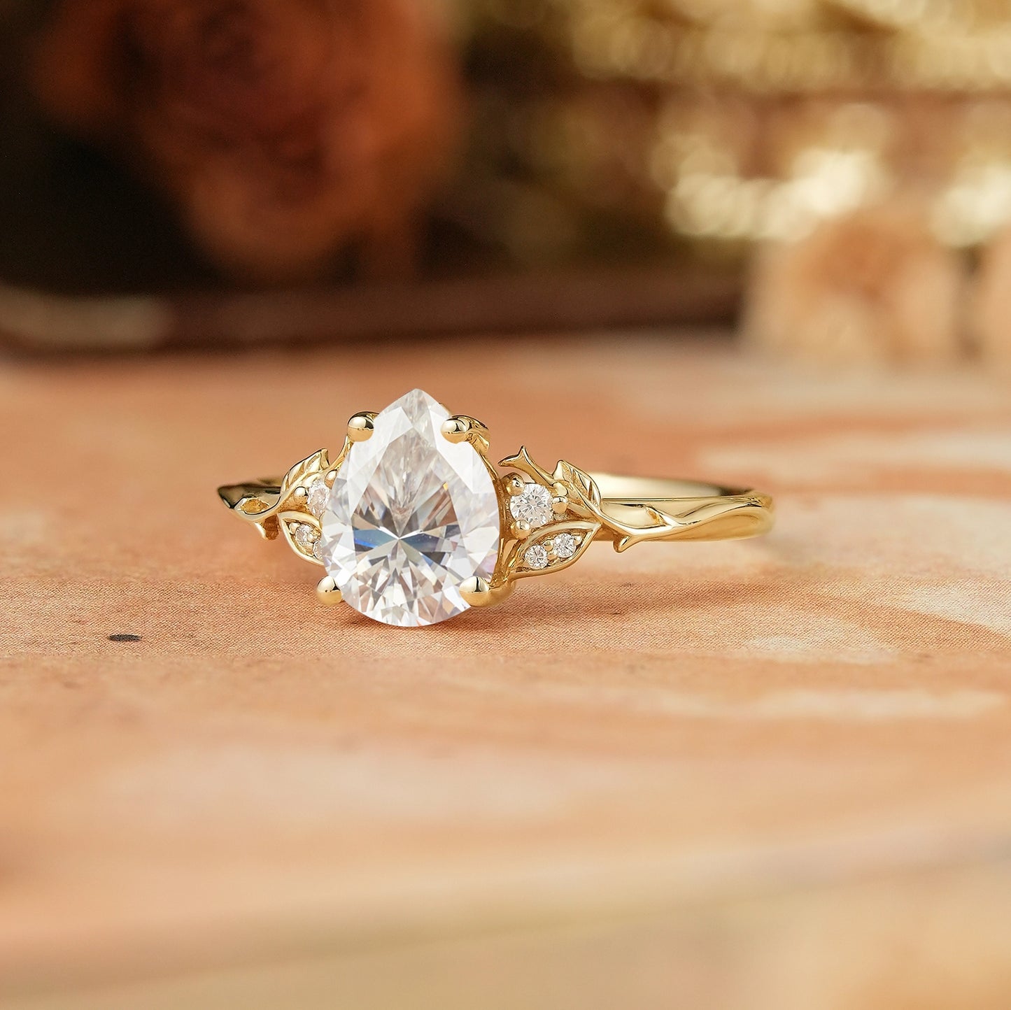 Pear Moissanite Leaf And Vine Inspired Engagament Ring | GemsMagic