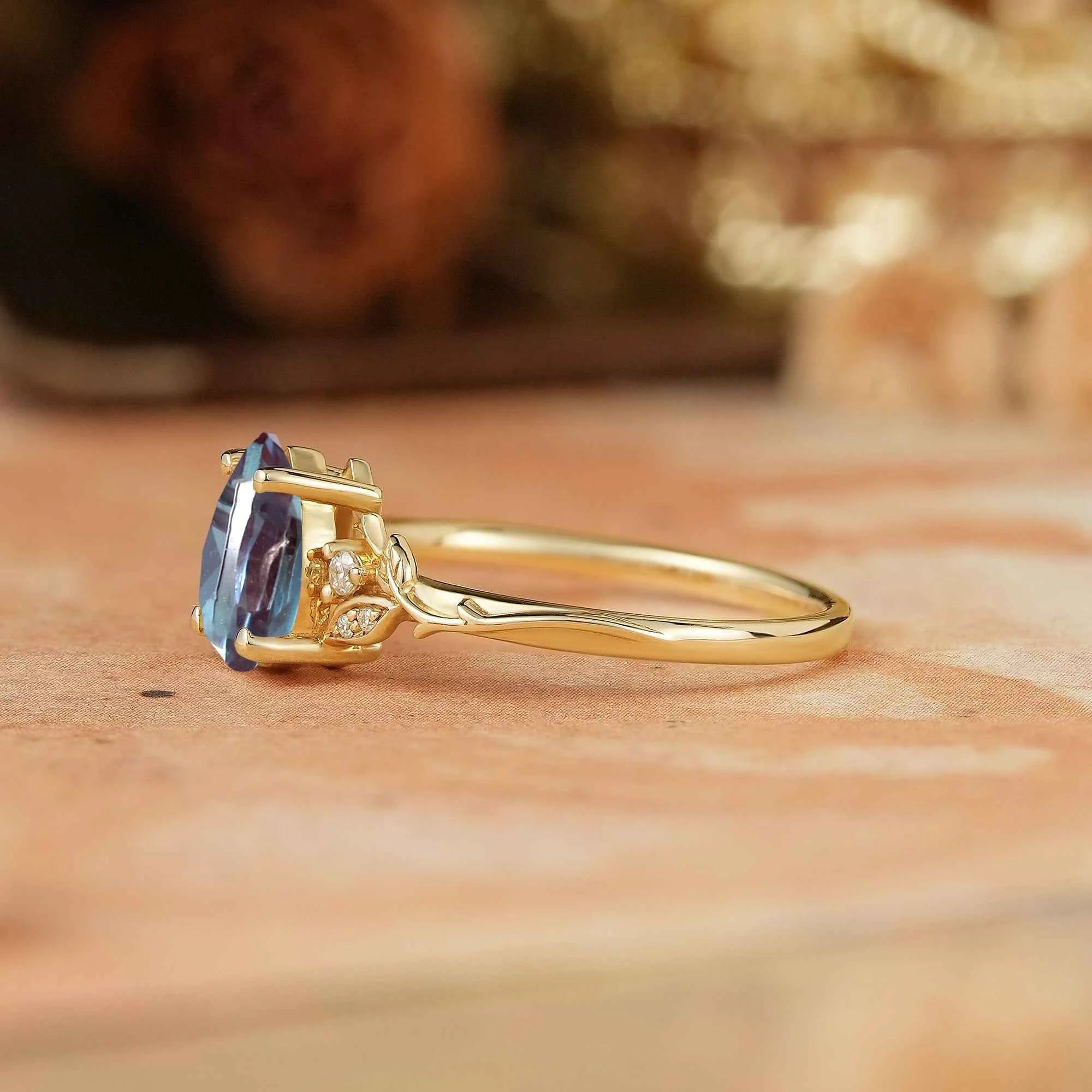 Pear Cut Alexandrite Leaf Inspired Engagement Ring