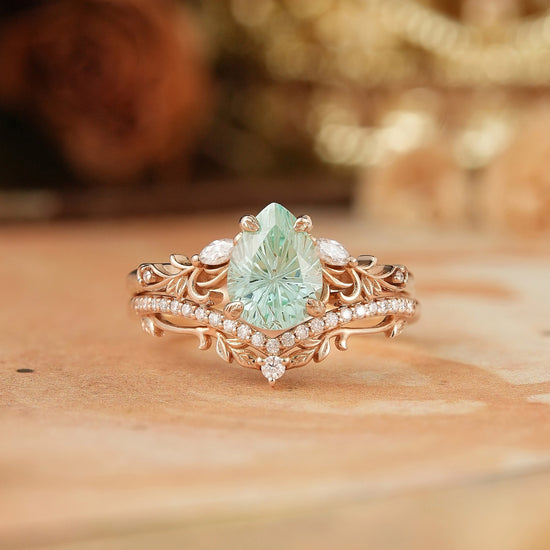 Pear Shaped Green Sapphire Sparkle Cut Nature Inspired Olive Leaf Bridal Set - GemsMagic