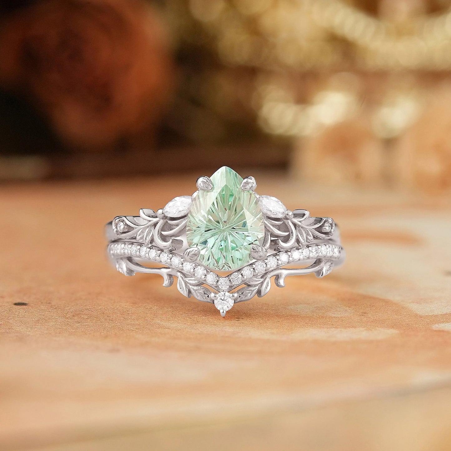 Pear Shaped Green Sapphire Sparkle Cut Nature Inspired Olive Leaf Bridal Set - GemsMagic