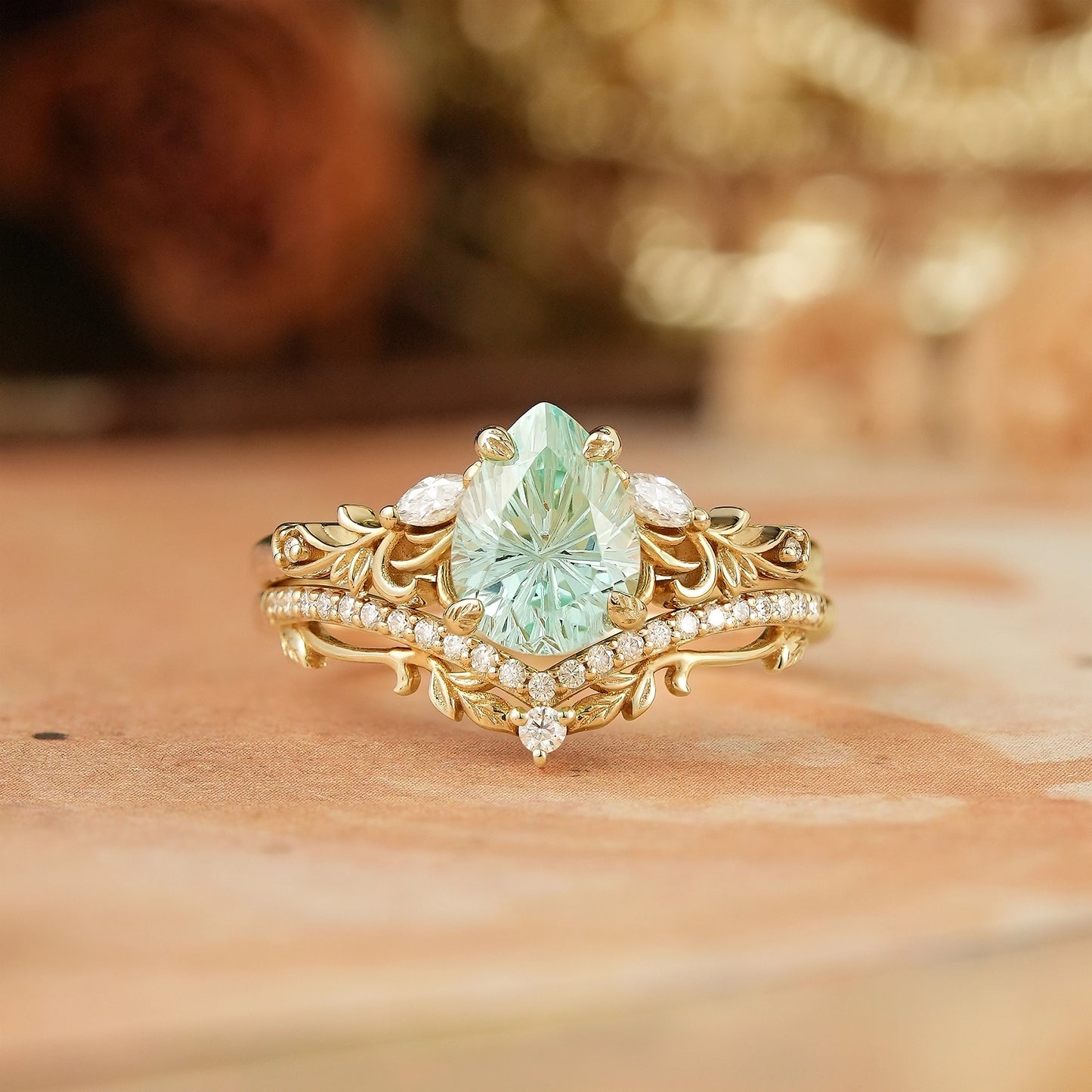 Pear Shaped Green Sapphire Sparkle Cut Nature Inspired Olive Leaf Bridal Set - GemsMagic