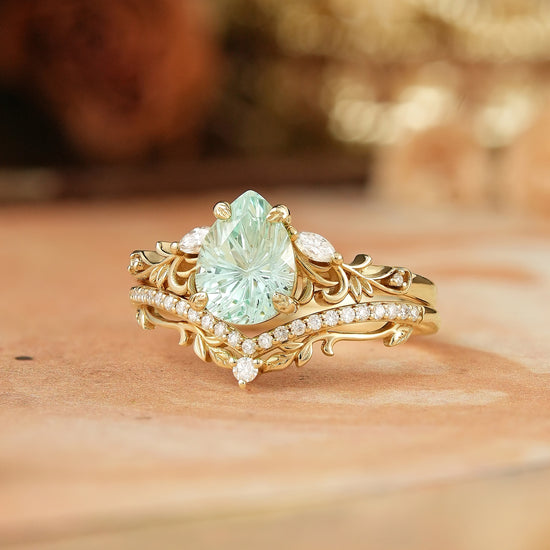 Pear Shaped Green Sapphire Sparkle Cut Nature Inspired Olive Leaf Bridal Set - GemsMagic