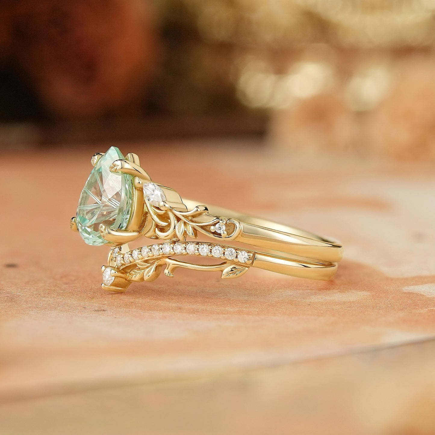 Pear Shaped Green Sapphire Sparkle Cut Nature Inspired Olive Leaf Bridal Set - GemsMagic