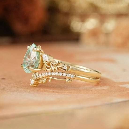 Pear Shaped Green Sapphire Sparkle Cut Nature Inspired Olive Leaf Bridal Set - GemsMagic