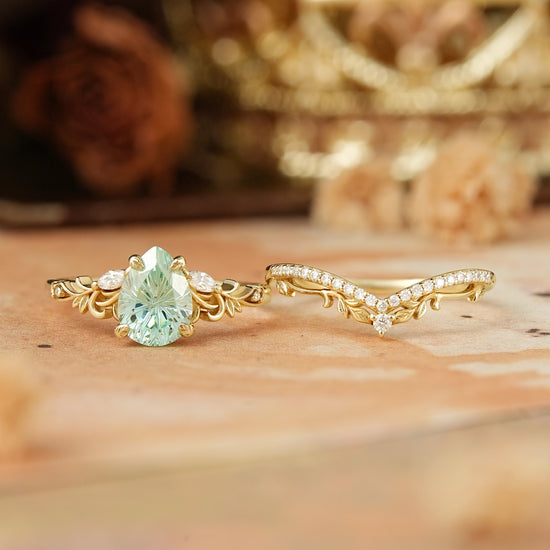 Pear Shaped Green Sapphire Sparkle Cut Nature Inspired Olive Leaf Bridal Set - GemsMagic