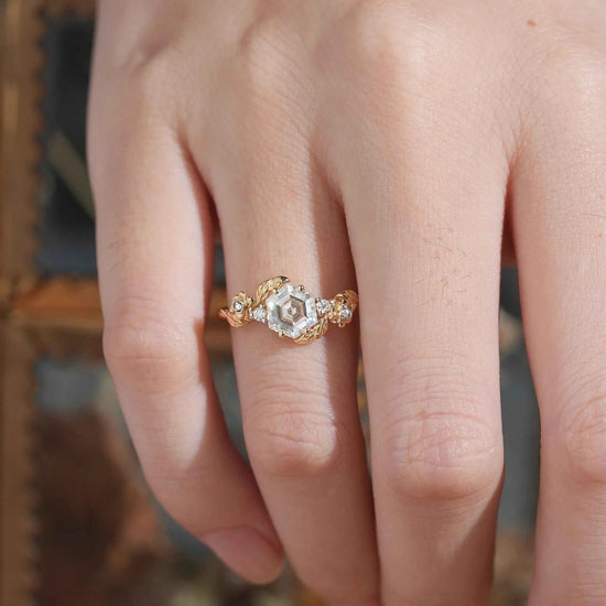 Hexagon Moissanite Mixed Metal Nature Inspired Engagement Ring