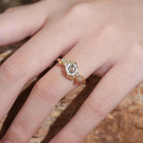Hexagon Moissanite Mixed Metal Nature Inspired Engagement Ring