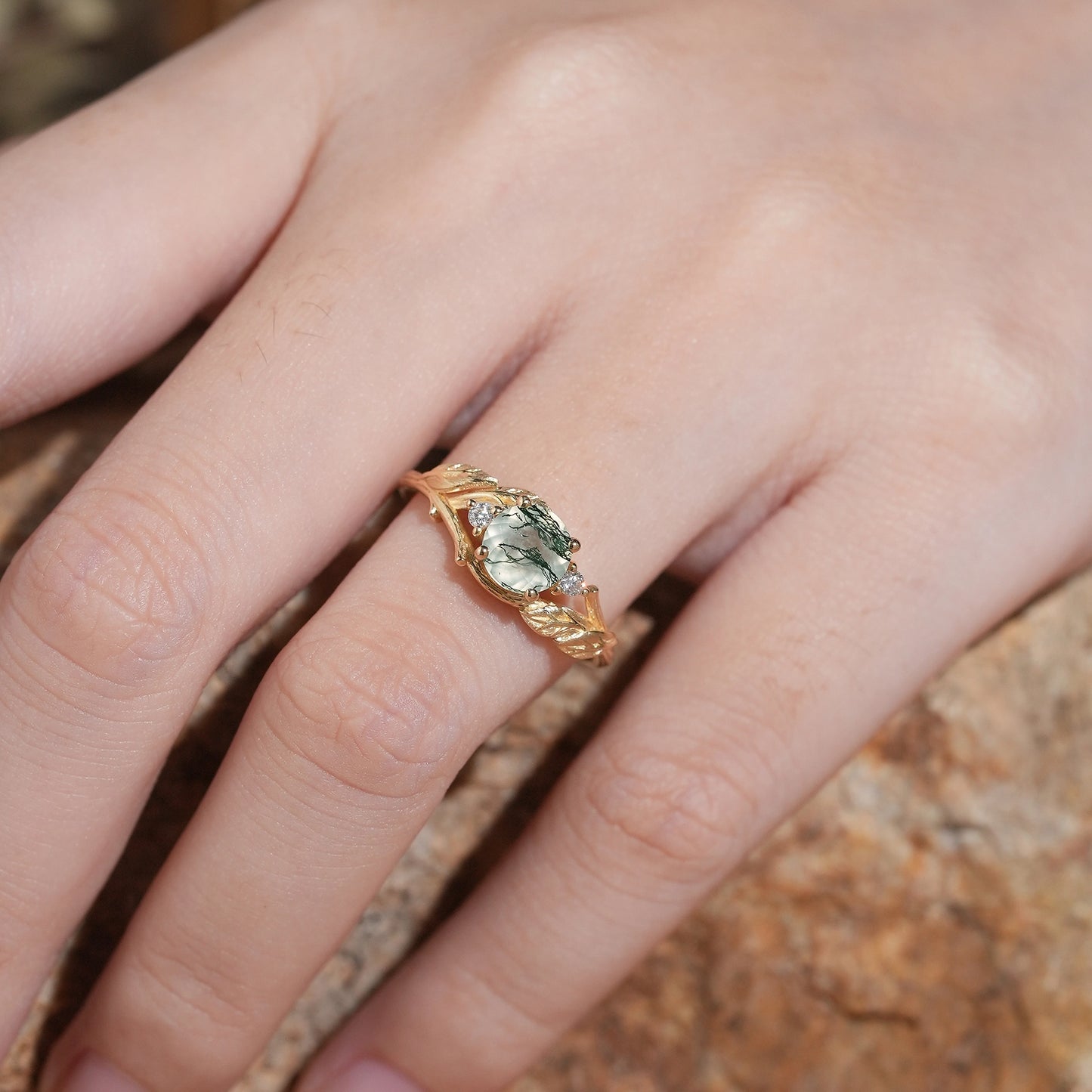 Round Cut Moss Agate Nature Inspired Bark Textured Engagement Ring - Rhea