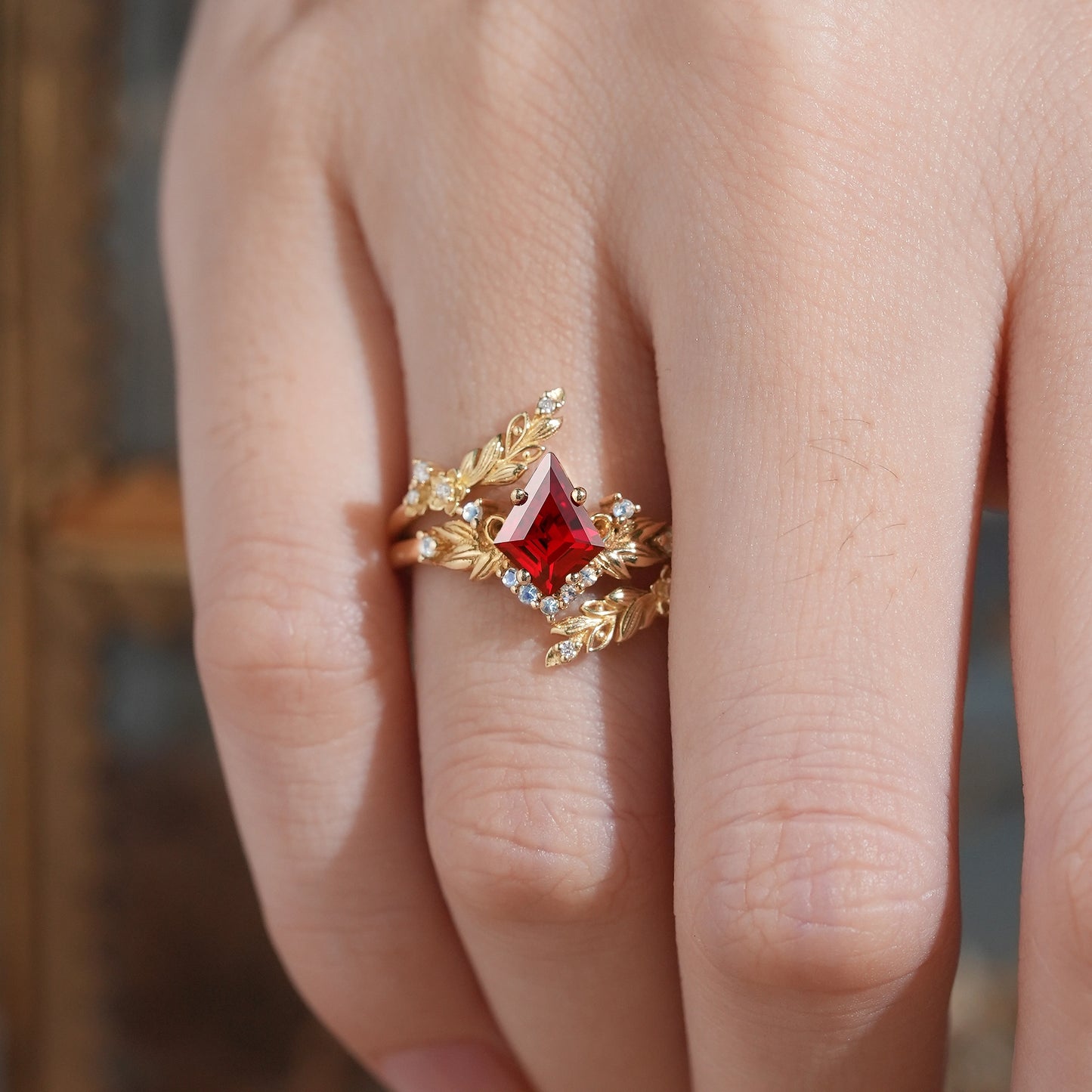 Nature Inspired Kite Cut Lab Ruby And Moonstone Enhancer Bridal Ring Set