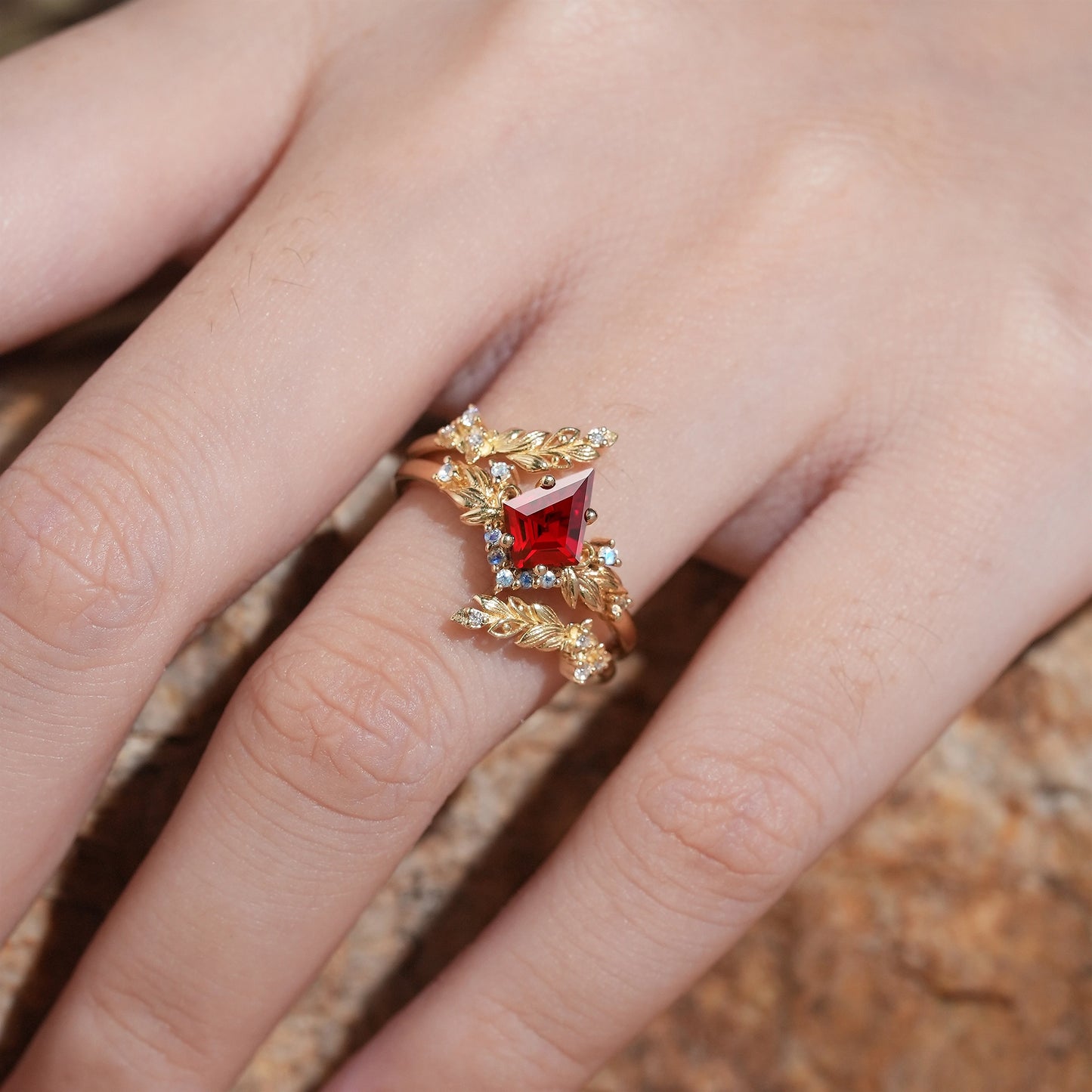 Nature Inspired Kite Cut Lab Ruby And Moonstone Enhancer Bridal Ring Set