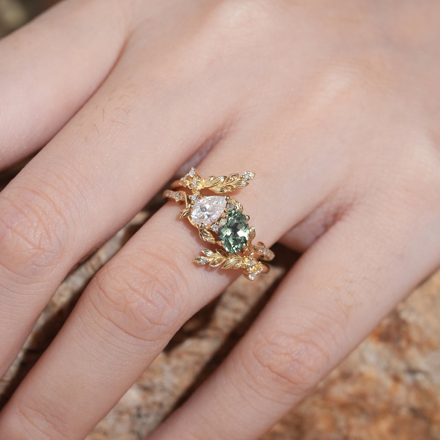 GemsMagic Two - Stone Pear Moissanite and Oval Green Sapphire Toi Et Moi Leaf Bridal Ring Set