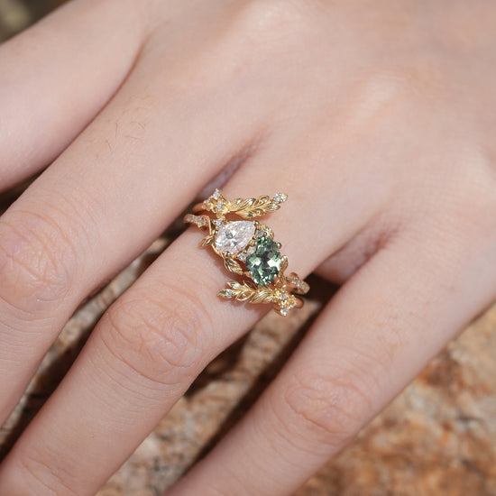 GemsMagic Two - Stone Pear Moissanite and Oval Green Sapphire Toi Et Moi Leaf Bridal Ring Set
