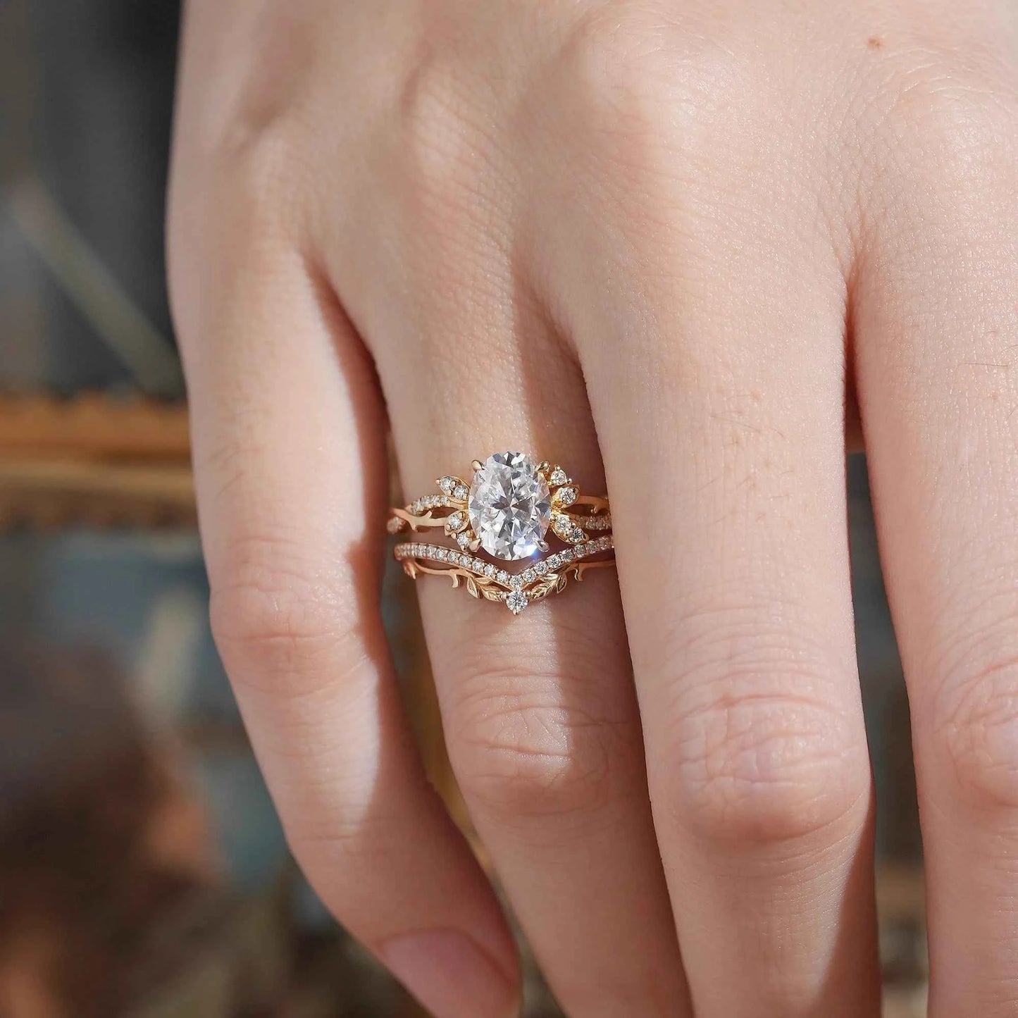 Oval Cut Moissanite Leaf And Vine Inspired Bridal Ring Set