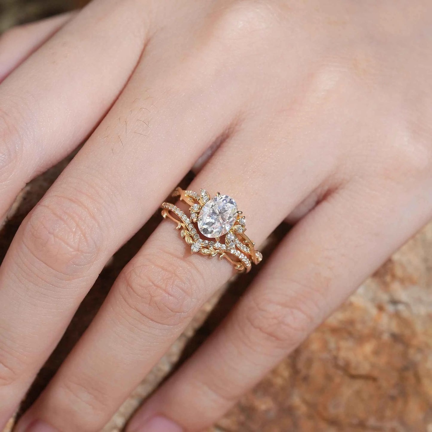 Oval Cut Moissanite Leaf And Vine Inspired Bridal Ring Set