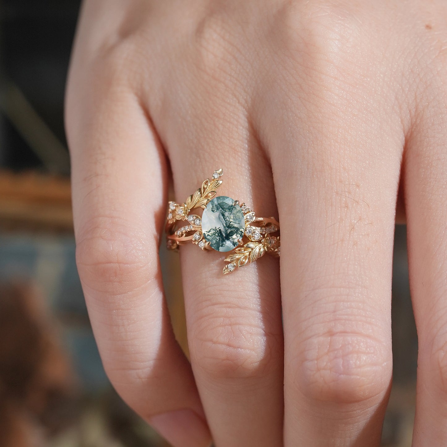 Oval Moss Agate Nature Inspired Enhancer Ring Bridal Set - Arwen