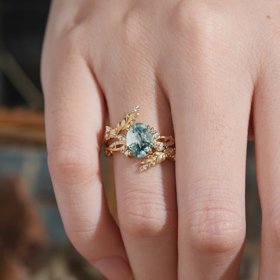 Oval Moss Agate Nature Inspired Enhancer Ring Bridal Set - Arwen