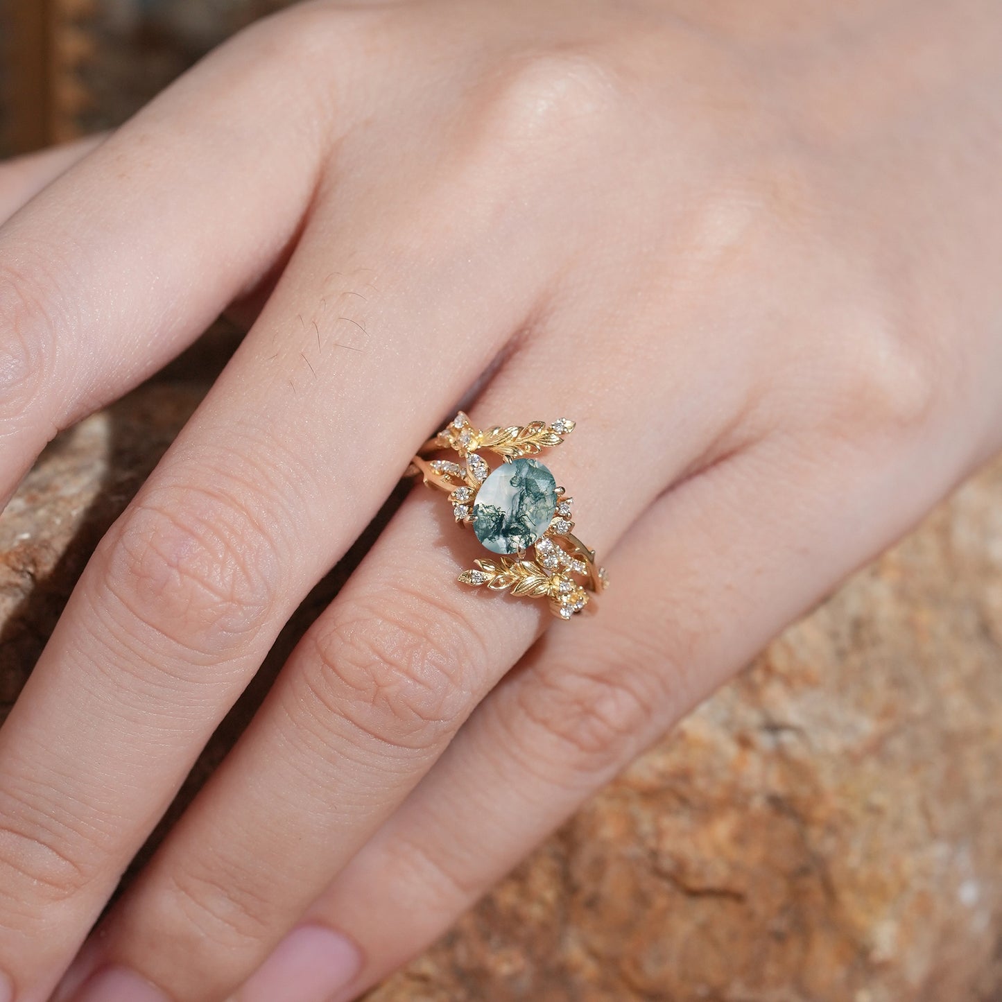 Oval Moss Agate Nature Inspired Enhancer Ring Bridal Set - Arwen