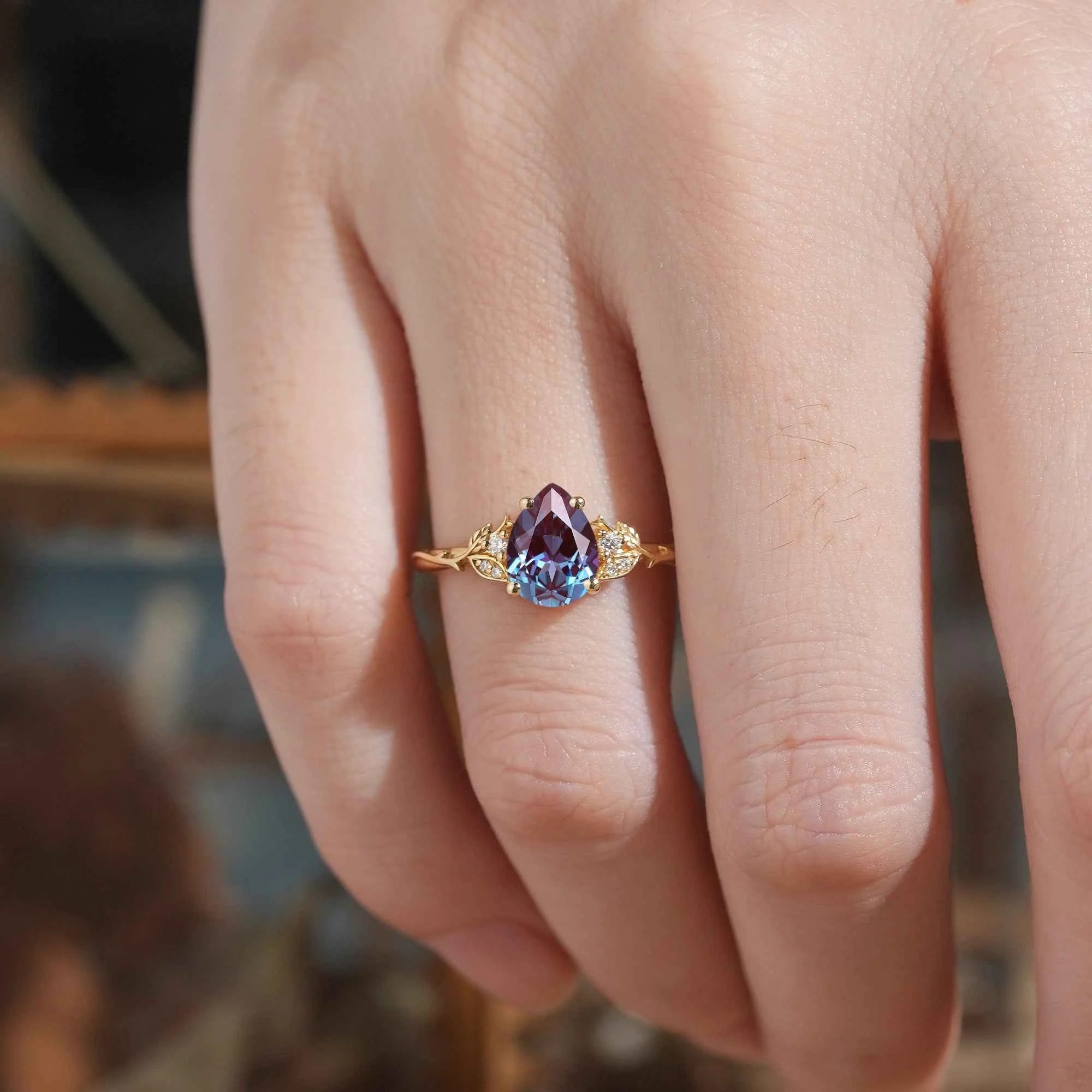 Pear Cut Alexandrite Leaf Inspired Engagement Ring
