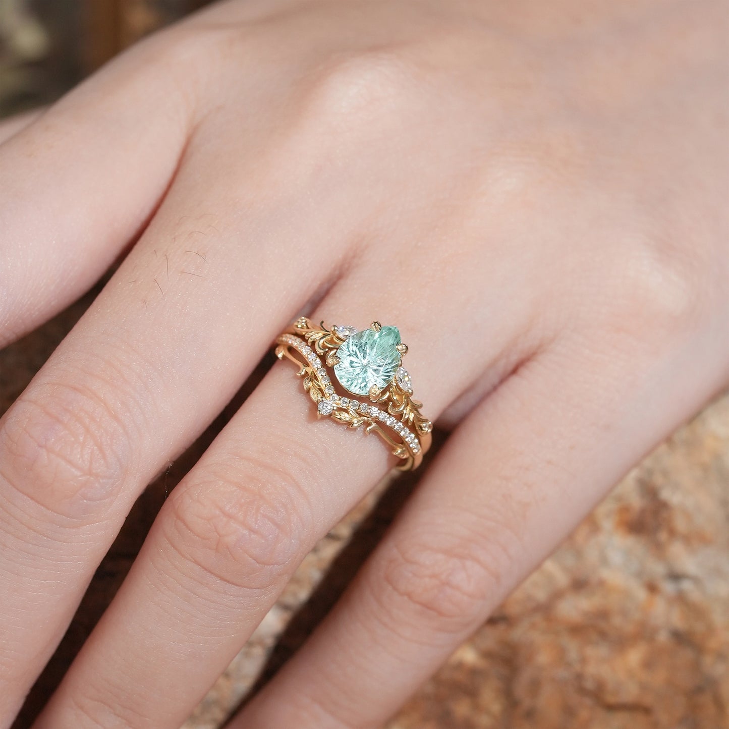 Pear Shaped Green Sapphire Sparkle Cut Nature Inspired Olive Leaf Bridal Set - GemsMagic