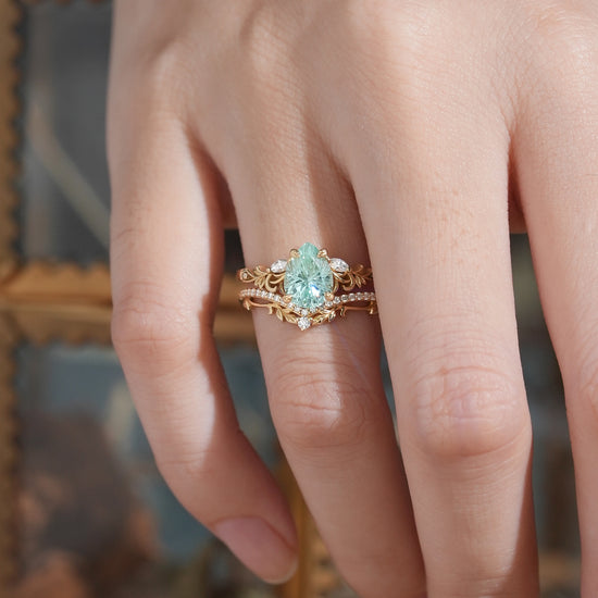 Pear Shaped Green Sapphire Sparkle Cut Nature Inspired Olive Leaf Bridal Set - GemsMagic