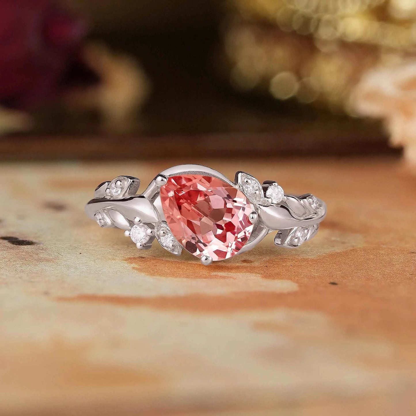 Tilted Pear Cut Padparadscha Engagement Ring - Quinn