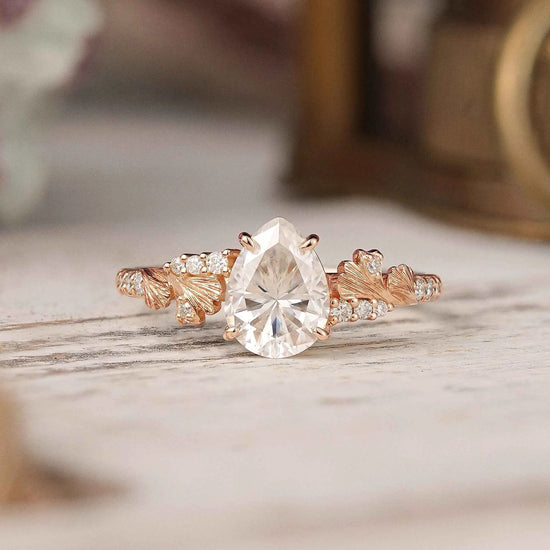 Pear Cut Moissanite Ginkgo Leaf Inspired Engagement Ring