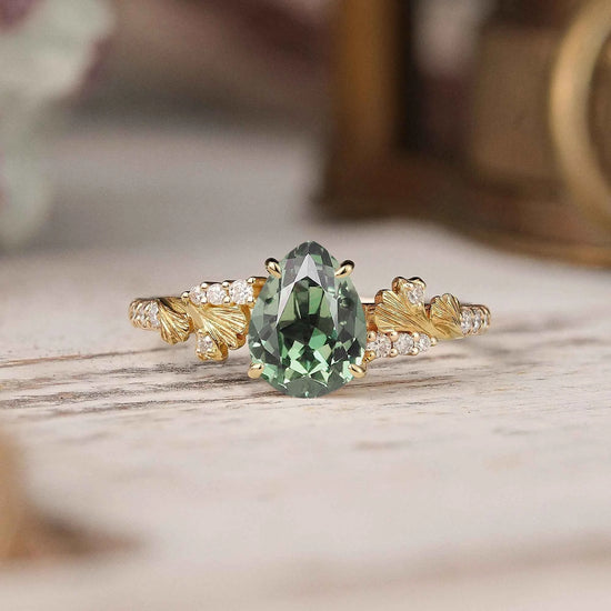 Pear Cut Moissanite Ginkgo Leaf Inspired Engagement Ring