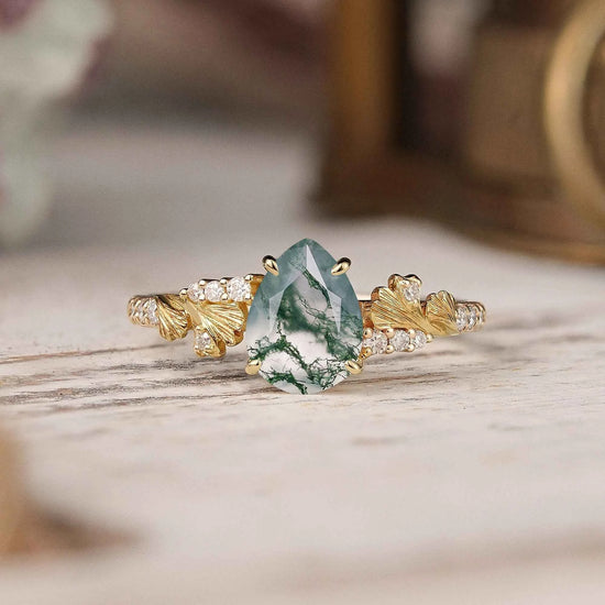 Pear Cut Moissanite Ginkgo Leaf Inspired Engagement Ring