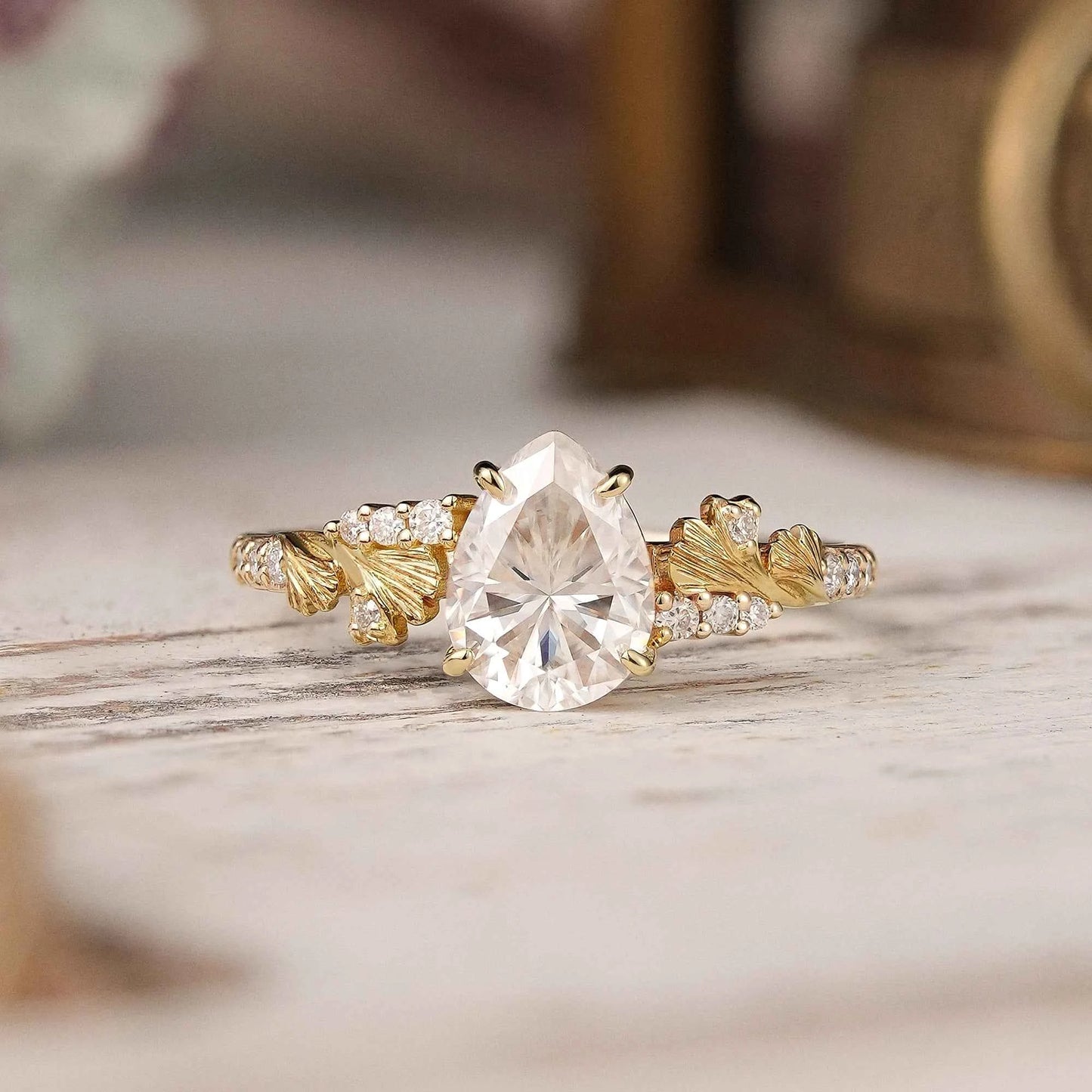 Pear Cut Moissanite Ginkgo Leaf Inspired Engagement Ring