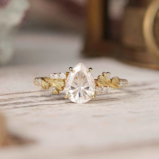 Pear Cut Moissanite Ginkgo Leaf Inspired Engagement Ring