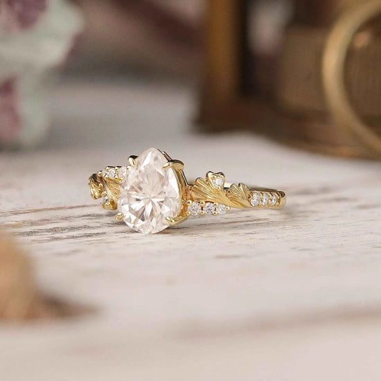Pear Cut Moissanite Ginkgo Leaf Inspired Engagement Ring