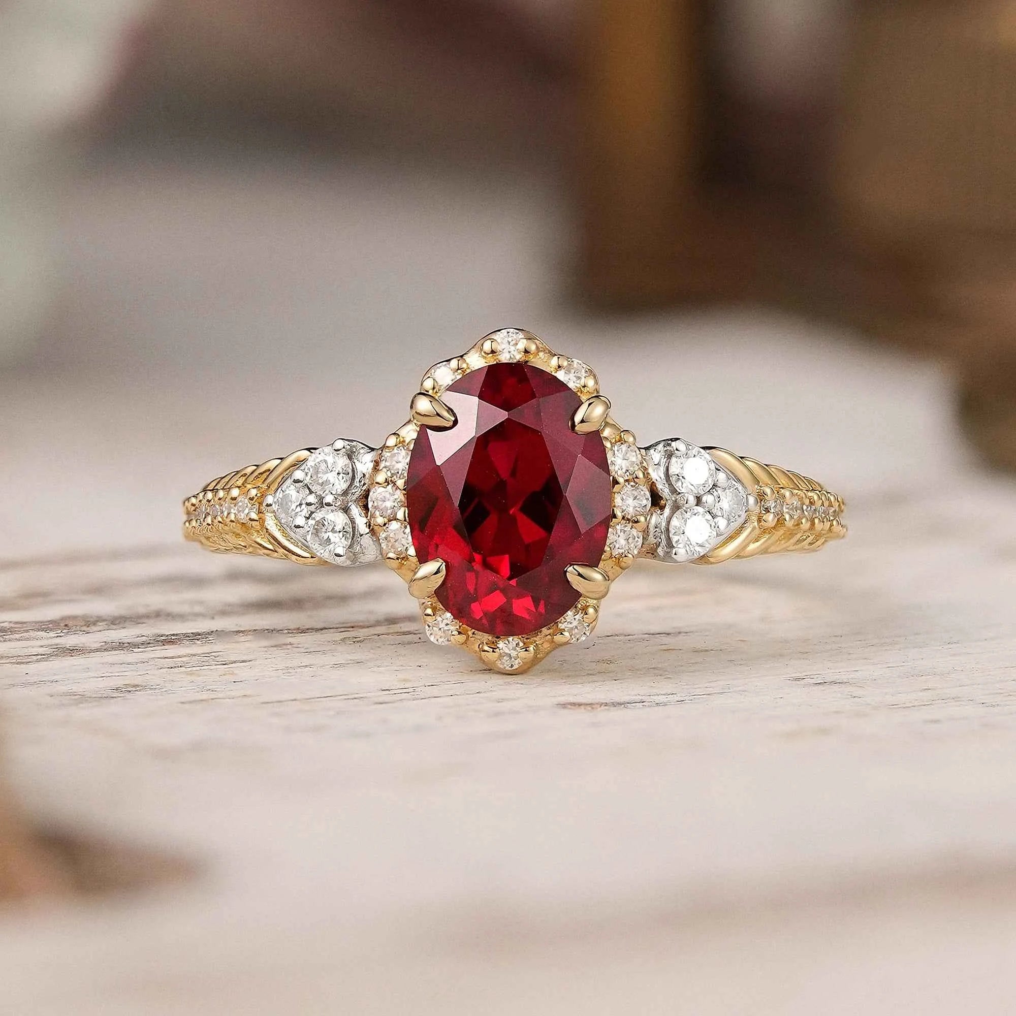 Oval Cut Ruby Halo Vintage Inspired Engagement Ring
