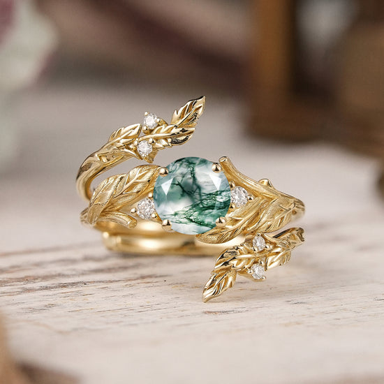 Bark Textured Round Cut Moss Agate Nature Inspired Enhancer Bridal Ring Set