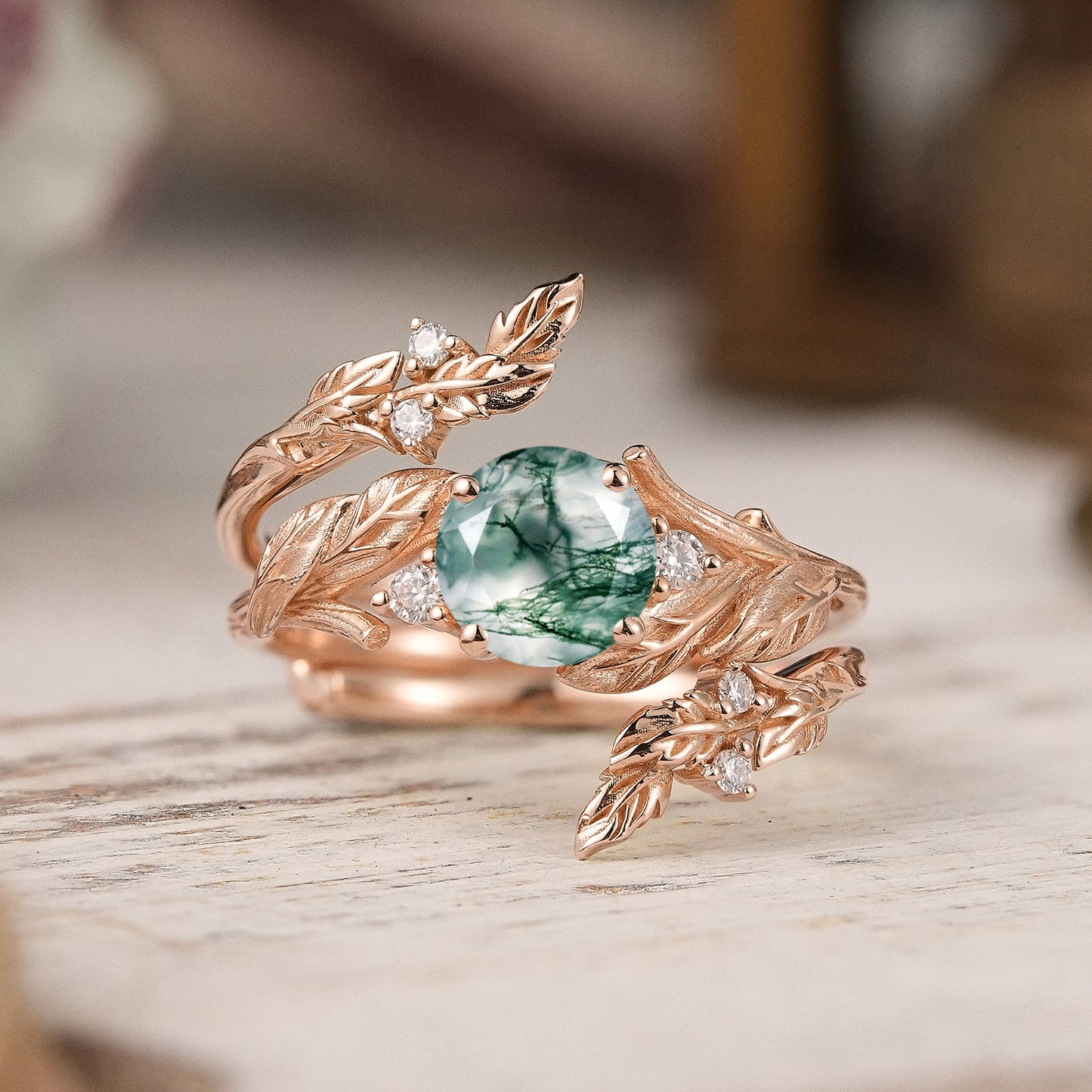 Bark Textured Round Cut Moss Agate Nature Inspired Enhancer Bridal Ring Set