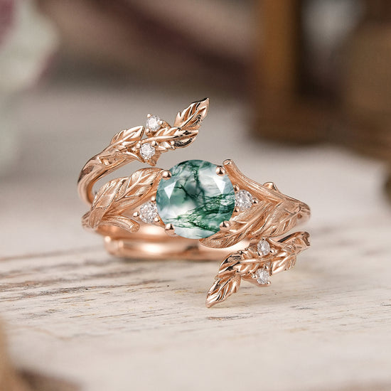 Bark Textured Round Cut Moss Agate Nature Inspired Enhancer Bridal Ring Set