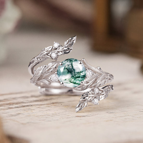 Bark Textured Round Cut Moss Agate Nature Inspired Enhancer Bridal Ring Set
