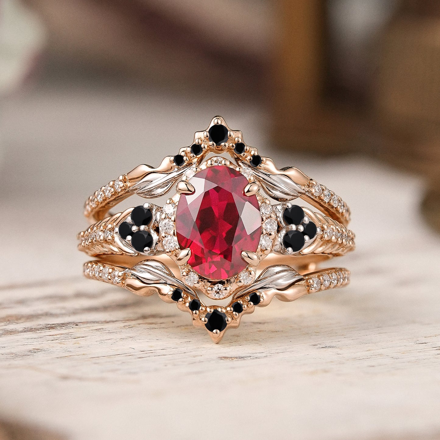 Unique Nature Inspired Oval Cut Lab Ruby Halo Enhancer Bridal Ring Set